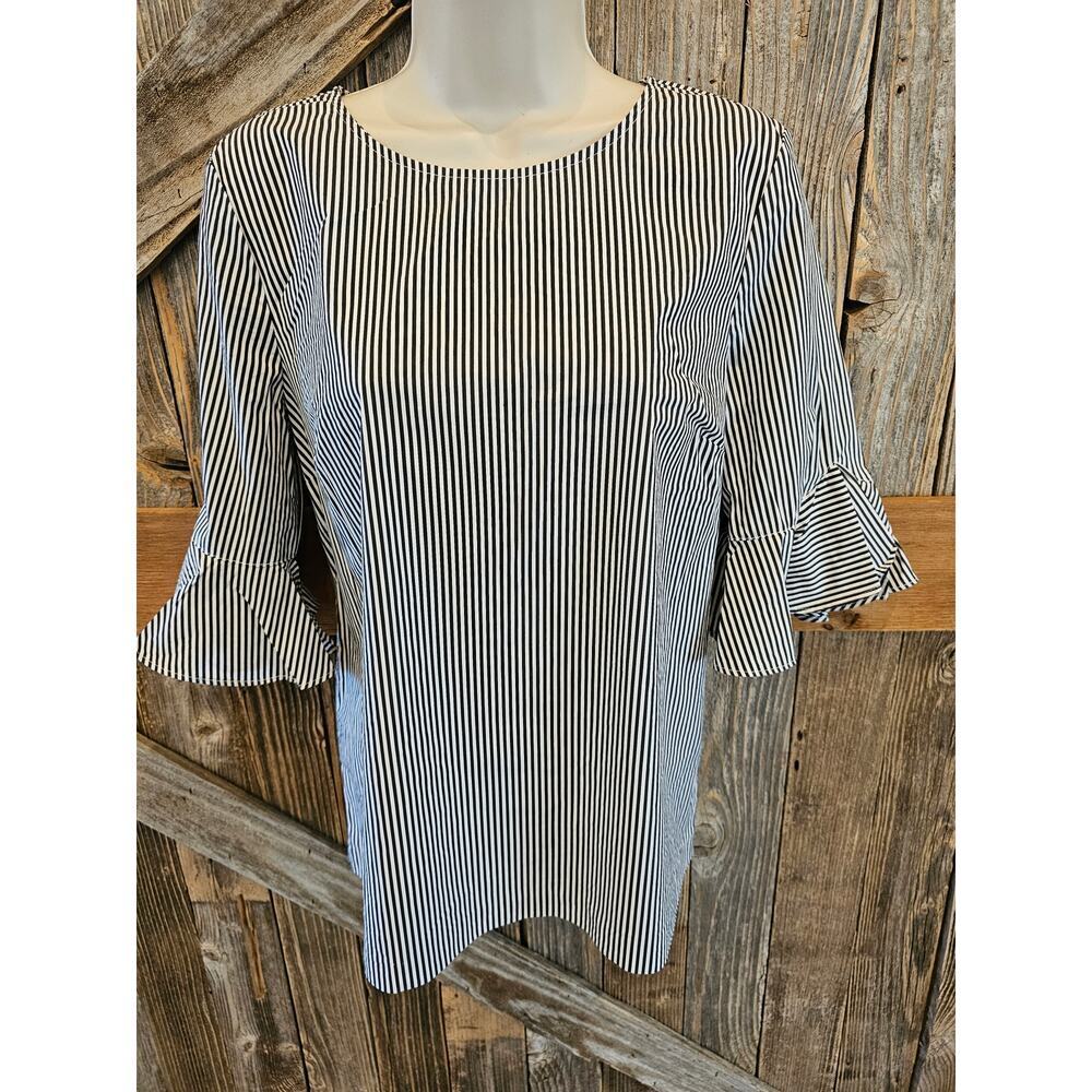 Calvin klein size small black white striped bell sleeve tunic top career casual